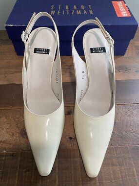 Stuart Weitzman Cream Ivory Patent Leather Slingback Stiletto Heels | Size 7.5